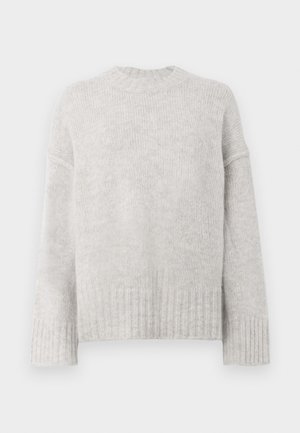 Light gray knitted sweater with a ribbed neckline and cuffs. Features long, wide sleeves and a relaxed fit at the hem. Soft texture.