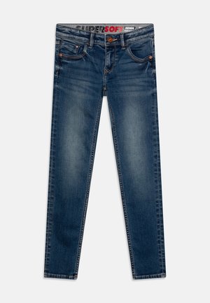 SuperSoft denim jeans i mörkblått med lätt blekning, femficksdesign, standardstygn och knappstängning i midjan.