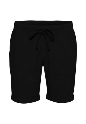 Shorts noirs décontractés avec taille à cordon, poches plaquées à l'avant et ourlets roulés, conçus pour le confort et un usage quotidien.