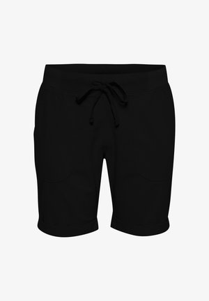 Shorts noirs décontractés avec taille à cordon, poches plaquées à l'avant et ourlets roulés, conçus pour le confort et un usage quotidien.