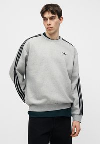 Νεαρός άνδρας που φοράει ανοιχτό γκρι φούτερ Adidas με μαύρες ρίγες στα μανίκια και λογότυπο στο αριστερό στήθος, κοιτάζοντας προς τα αριστερά του.