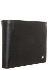 Black leather wallet with smooth texture and stitched edges, featuring a small logo accent at the bottom right corner.