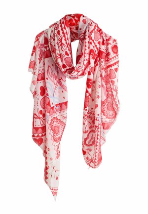 Roter und weißer Schal mit Mustern aus Herzen, Schleifen und Blumenmotiven. Leichter Stoff mit weicher Textur und fließender Form.