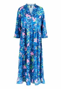 Šaty s květinovým vzorem v modré barvě, s růžovými a zelenými akcenty. Mají knoflíkový přední díl, límec a vrstvený volánový lem. Midi délka.