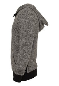 Szürke foltos kapucnis pulóver texturált anyagból, elülső zsebbel és állítható zsinórral a kapucnin, fekete részletekkel a mandzsettákon és a szegélynél.