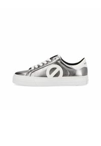 Metallic silver sneaker with white accents, round toe, and flat rubber sole. Features a logo detail on the side and lace-up design.