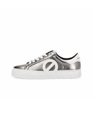 Metallic silver sneaker with white accents, round toe, and flat rubber sole. Features a logo detail on the side and lace-up design.