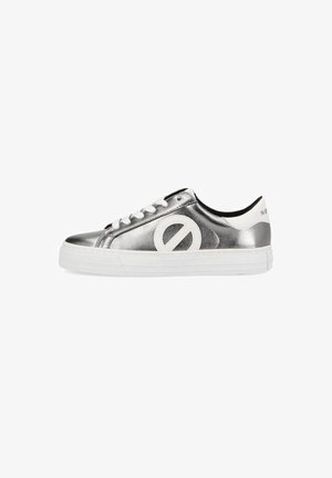 Metallic silver sneaker with white accents, round toe, and flat rubber sole. Features a logo detail on the side and lace-up design.
