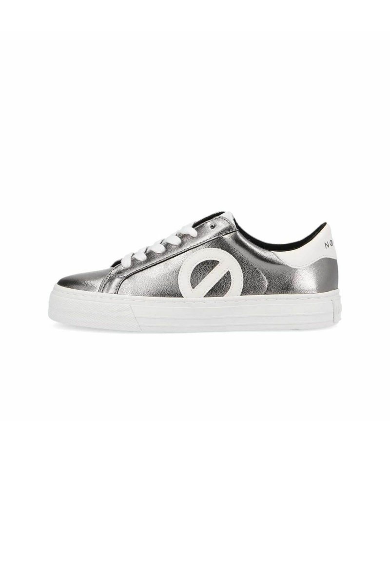 Metallic silver sneaker with white accents, round toe, and flat rubber sole. Features a logo detail on the side and lace-up design.