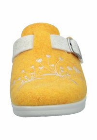 Yellow felt slipper with white strap, featuring floral embroidery in white, rounded shape, and a built-up sole for comfort.