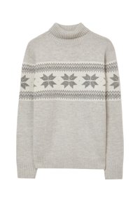 Hellgrauer Rollkragenpullover mit gerippten Abschlüssen an den Ärmeln und am Saum, der ein horizontales Band aus grau-weißen Schneeflockenmuster über die Brust und Ärmel zeigt.