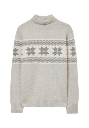 Hellgrauer Rollkragenpullover mit gerippten Abschlüssen an den Ärmeln und am Saum, der ein horizontales Band aus grau-weißen Schneeflockenmuster über die Brust und Ärmel zeigt.