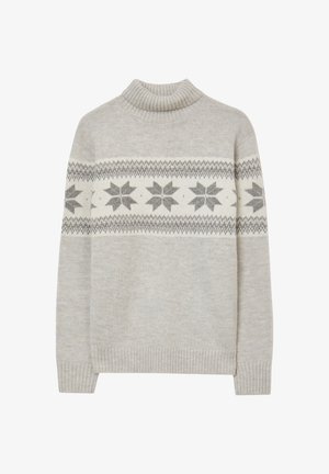 Hellgrauer Rollkragenpullover mit gerippten Abschlüssen an den Ärmeln und am Saum, der ein horizontales Band aus grau-weißen Schneeflockenmuster über die Brust und Ärmel zeigt.