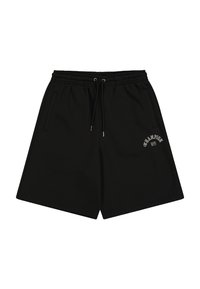 Zwarte katoenen shorts met een elastische tailleband, trekkoord, twee zijzakken en een klein grijs Champion-logo op de voorkant.