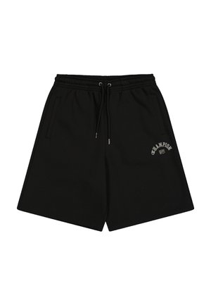 Schwarze Baumwollshorts mit einem elastischen Bund, Kordelzug, zwei Seitentaschen und einem kleinen grauen Champion-Logo auf der Vorderseite.