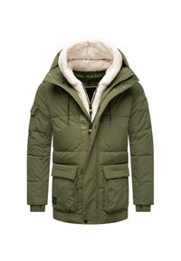 Parka verde isolata con un morbido rivestimento interno bianco, zip frontali, due grandi tasche e cordini regolabili sul cappuccio e in vita.