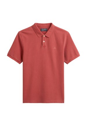 Red cotton polo shirt featuring a classic collar, two button closure, short sleeves, and a small embroidered logo on the chest.