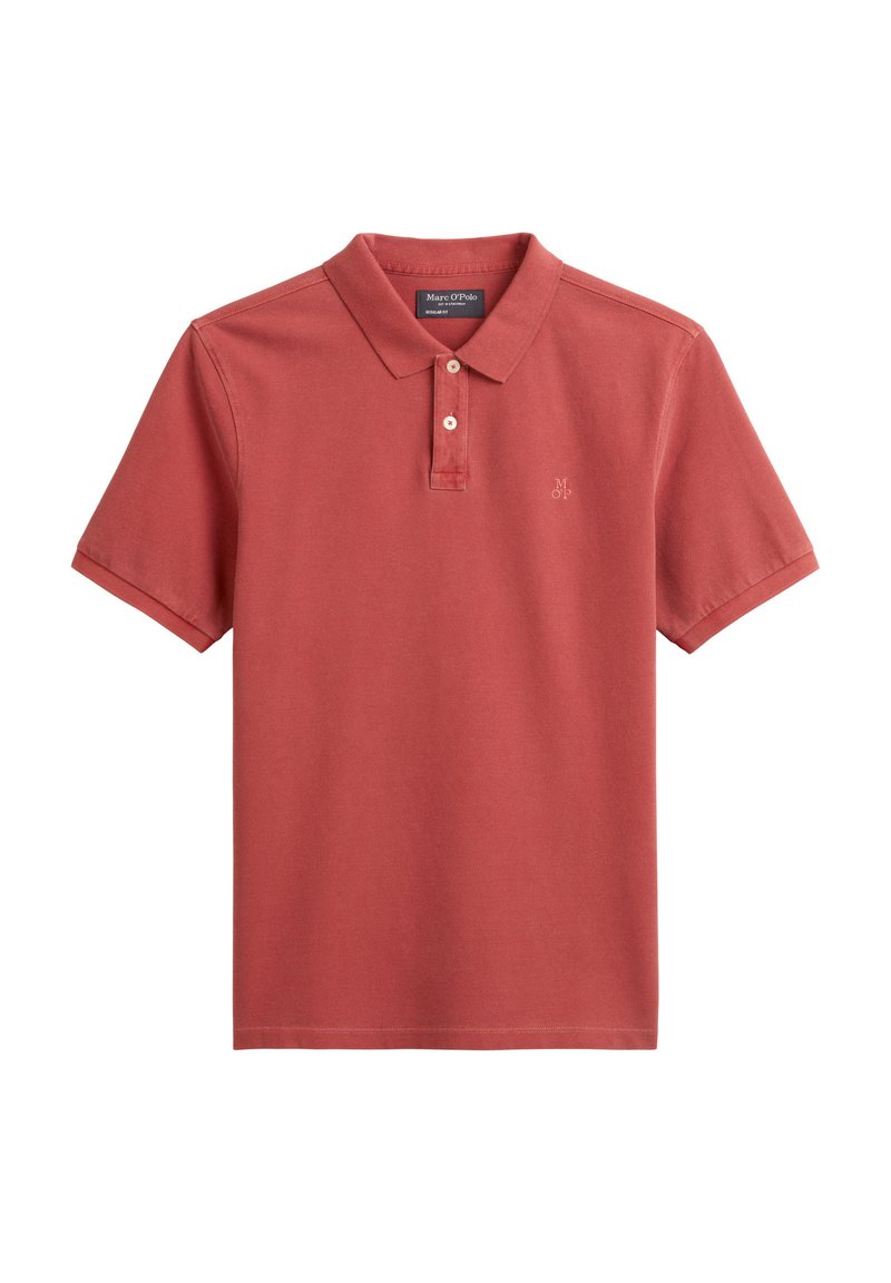 Rotes Baumwoll-Polohemd mit klassischem Kragen, zwei Knopfverschluss, kurzen Ärmeln und einem kleinen gestickten Logo auf der Brust.