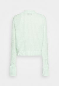 Helles mintgrünes, kurz geschnittenes Strickoberteil mit gerippten Bündchen, Rundhalsausschnitt und lockerer Maschenstruktur. Verfügt über lange Ärmel und einen engen Taillenbund.