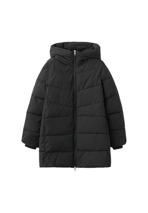 Crna puhasta jakna s kapuljačom, s patentnim zatvaračem sprijeda, prošivenim uzorkom i elastičnim manšetama. Lagan i topao materijal.