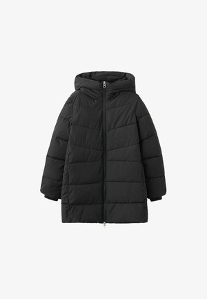 Crna puhasta jakna s kapuljačom, s patentnim zatvaračem sprijeda, prošivenim uzorkom i elastičnim manšetama. Lagan i topao materijal.