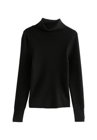 Schwarzer Rollkragenpullover mit gerippter Textur und langen Ärmeln. Er bietet eine lockere Passform und strukturierte Akzente an den Bündchen.