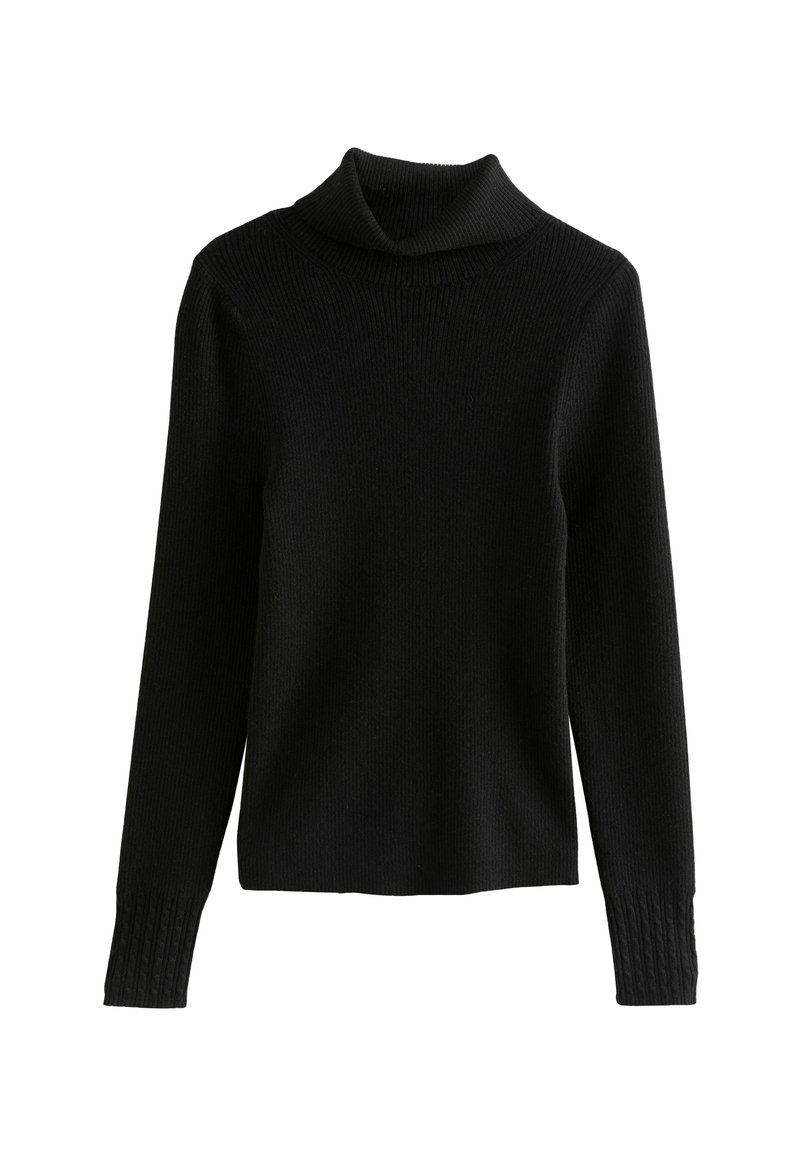 Schwarzer Rollkragenpullover mit gerippter Textur und langen Ärmeln. Er bietet eine lockere Passform und strukturierte Akzente an den Bündchen.