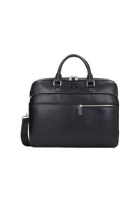 Musta nahkainen kannettavan tietokoneen laukku, jossa kaksinkertaiset käsikahvat, säädettävä olkahihna, etutasku vetoketjulla ja kohokuvioitu logo. Tasainen pinta.