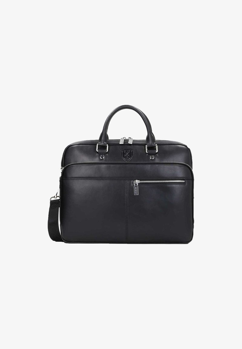 Musta nahkainen kannettavan tietokoneen laukku, jossa kaksinkertaiset käsikahvat, säädettävä olkahihna, etutasku vetoketjulla ja kohokuvioitu logo. Tasainen pinta.