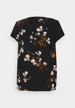 Top nero a maniche corte con motivo floreale in bianco sporco e marrone, con scollatura rotonda e vestibilità comoda. Tessuto morbido.