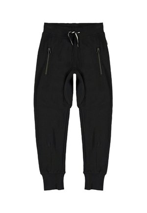 Czarne spodnie dresowe z elastycznym sznurkiem w pasie, ściągaczami na końcach nogawek oraz dwoma zapinanymi na zamek bocznymi kieszeniami. Gładka tekstura i zwężający się krój.