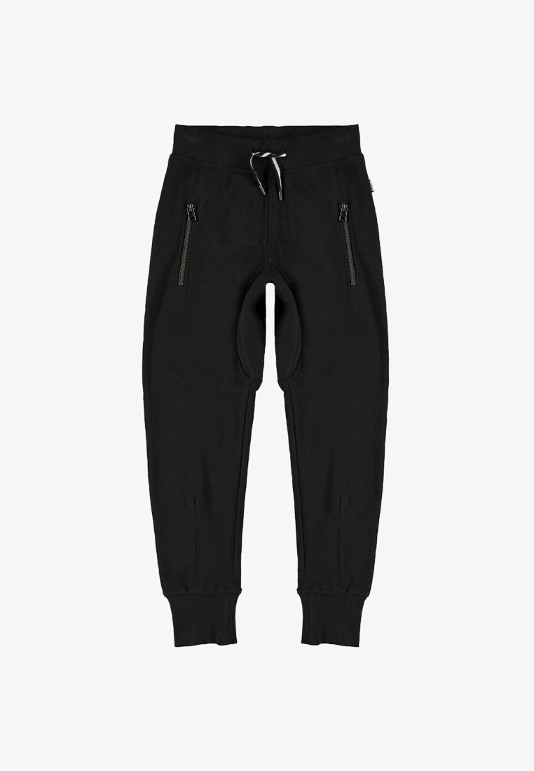 Zwarte joggerbroek met een trekkoord in de taille, ribgebreide boorden en twee ritszakken aan de zijkant. Glad textuur en taps toelopend ontwerp.