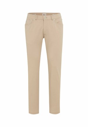 Pantalon beige ajusté avec fermeture par bouton et fermeture éclair, passants pour ceinture, poches avant et arrière, présenté sur fond blanc.