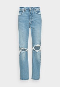 Jeans de ganga azul claro com cintura alta, perna reta e rasgos desgastados no joelho. Apresenta costura clássica e fechamento padrão com botão.