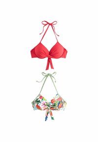 Punainen bikinitoppi, jossa on solmu-yksityiskohta, ja monivärinen bikinitoppi, jossa on trooppisten hedelmien ja lehtien kuvio, molemmat säädettävillä siteillä.