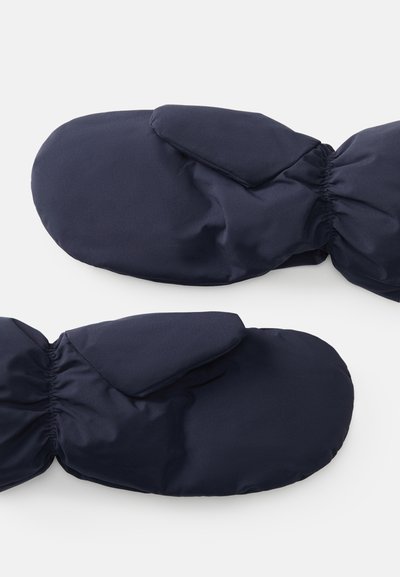 Mitens impermeáveis azul-marinho com uma textura suave. Apresentam um punho elástico para um ajuste seguro e um design arredondado e acolchoado para aquecer.