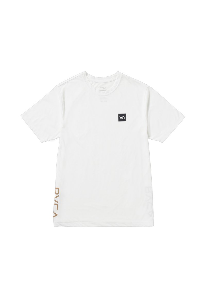 White short-sleeve t-shirt made of cotton, featuring a black square logo on the chest and gold "RVCA" text on the side. Smooth texture.