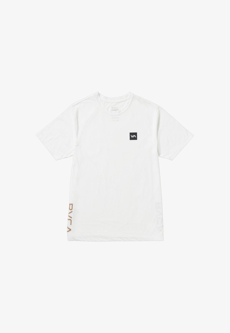 White short-sleeve t-shirt made of cotton, featuring a black square logo on the chest and gold "RVCA" text on the side. Smooth texture.