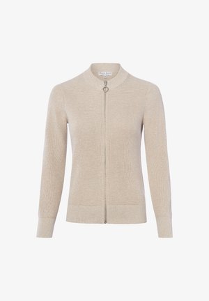 Beige gestrickte Strickjacke mit durchgehendem Frontreißverschluss und gerippten Bündchen und Saum, mit einem runden Metallreißverschluss-Ziehgriff.