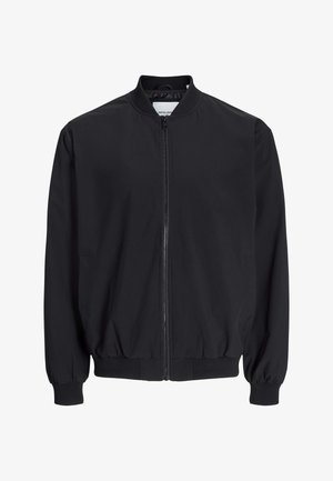 Black bomber jacket made of smooth, lightweight material with a zip front, elastic cuffs, and hem. Features side pockets and a ribbed collar.