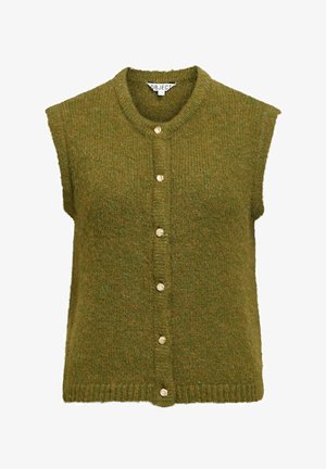 Zaļš, bez piedurknēm adīts žakets ar apaļu kakla izgriezumu un sešām zelta pogām priekšā. Mīksta tekstūra un ribota apakšmala.