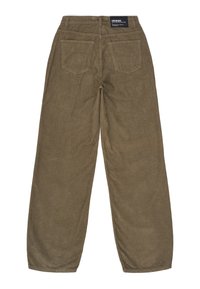 Olivgröna kordfläskbyxor med rak ben-design, som har två bakfickor och en märkesskylt på midjan. Texturerad ribbad tyg.