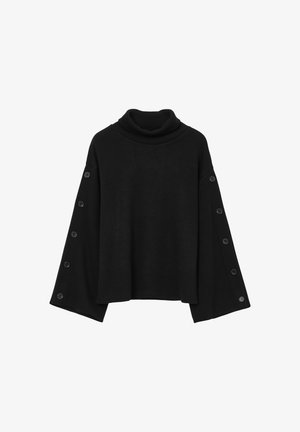 Pull à col roulé noir avec des manches larges et des accents de boutons le long de l'extérieur des bras. Texture douce avec une coupe relaxée et cropped.