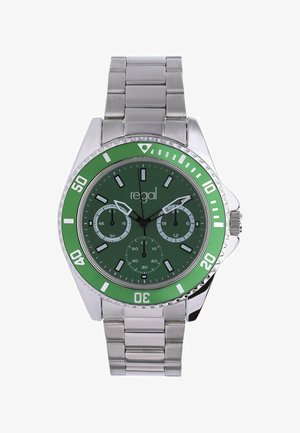 Green analog watch with a stainless steel band. Features a round case, luminous markers, and two sub-dials for chronograph functions.