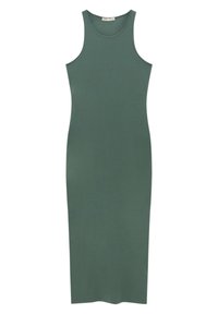 Vestido midi sin mangas en verde oscuro. Silueta ajustada, material de mezcla de algodón suave, textura lisa, escote redondeado, sin hardware visible.