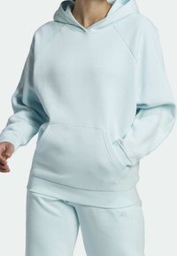 Sweat à capuche bleu clair en tissu doux, avec une poche kangourou, des poignets côtelés et une capuche ajustable avec cordon de serrage.