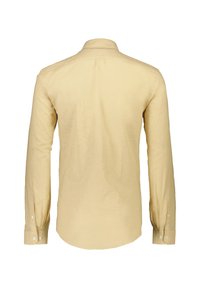 Lange mouwen shirt in lichtgeel linnen, met een klassieke kraag, knopenmanchetten en een gladde, gestructureerde stof met een achterste yoke-detail.