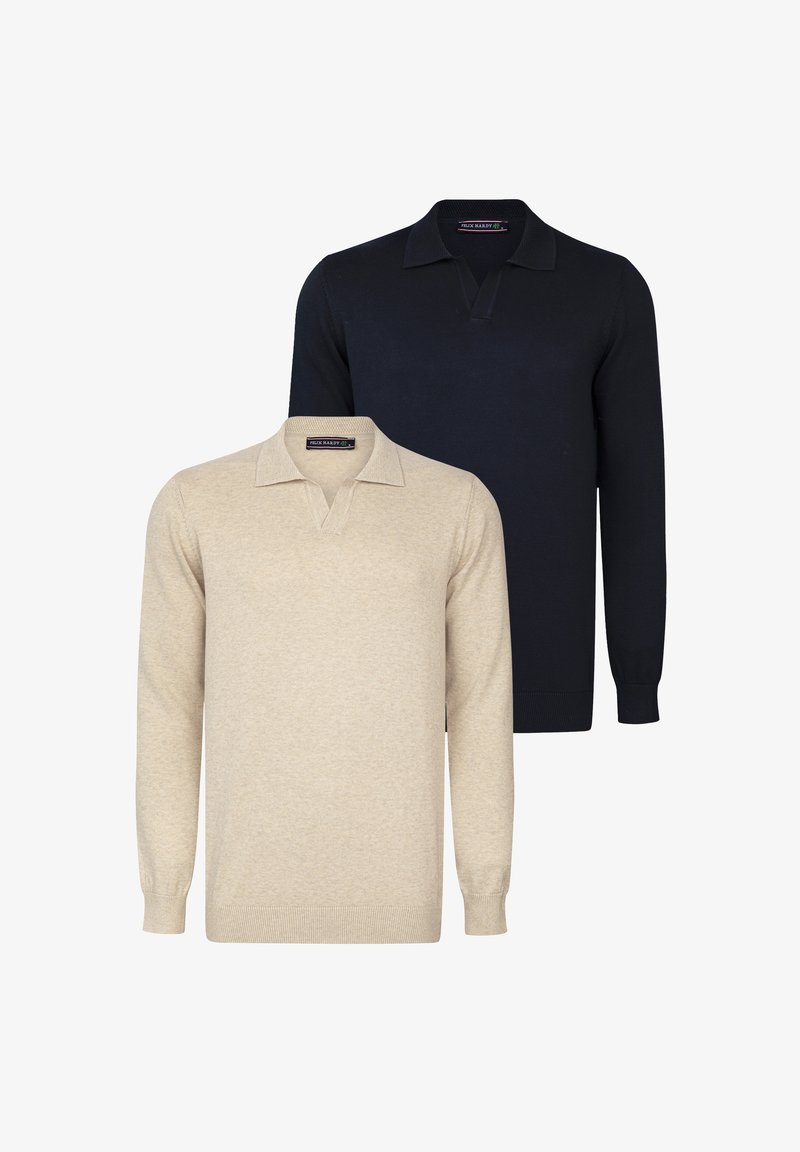 Two long-sleeve polo shirts, one beige in front and one black behind, both with ribbed cuffs and collar details.