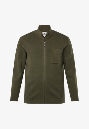 Olivengrøn zip-jakke med høj krave, ribbet tekstur, lange ærmer og en enkelt brystlomme. Har detalje med metallynlås.
