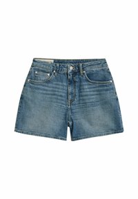 Lichte blauwe denim shorts met een klassiek vijf-pocket ontwerp, rechte snit en subtiele vervaging. Vastgemaakt met een metalen knop.